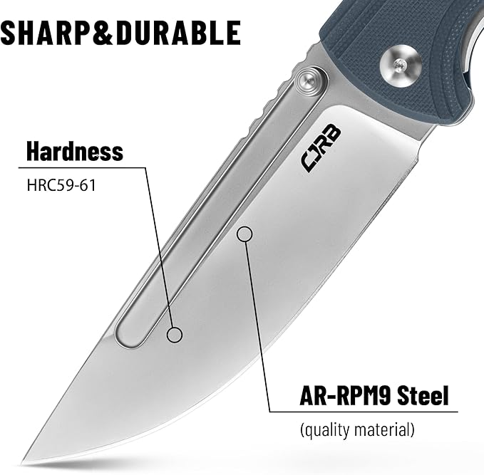 CJRB CUTLERY Pocket Knife Resource (J1932) Thumb Studs Folding Knife for Men AR-RPM9 Steel Blade and Grey Blue G10 Handle for Hinking Camping Work Outdoor