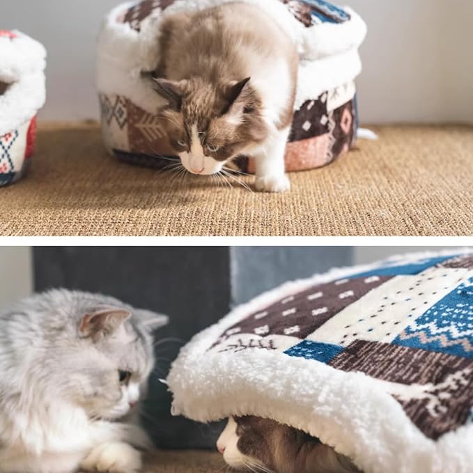 Cat Cave Bed ??Plush, Warm & Calming Hideaway with Detachable Lid & Mat, Covered House for Indoor Kitten & Kitty (Redwhite)