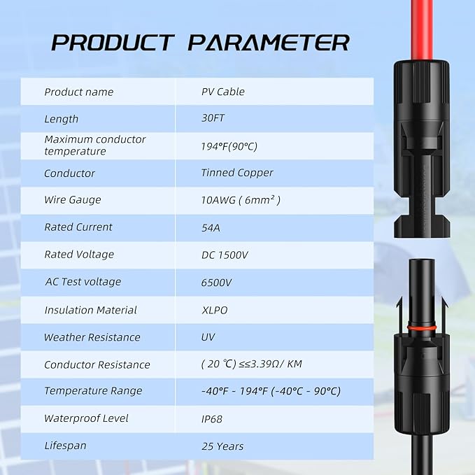 30FT 10AWG Solar Panel Extension Cable, Bateria Power 6mm² Solar Extension Cable Wire with Female & Male Waterproof Connectors for RV, Photovoltaic Systems