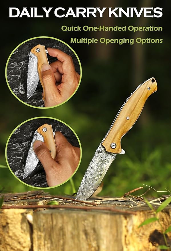 YOUSUNLONG Folding Knife Overall 191mm Pocket Knife - Hammered Damascus Steel Blade - Natural Italian Olive Wood Handle