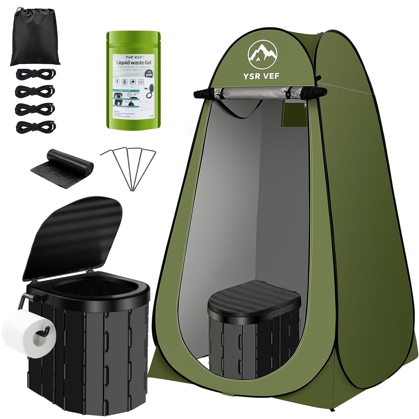 Portable Toilet Kit for Adults, Camping Toilet with Pop-Up Privacy Tent and Poo Gel Toilet Bags
