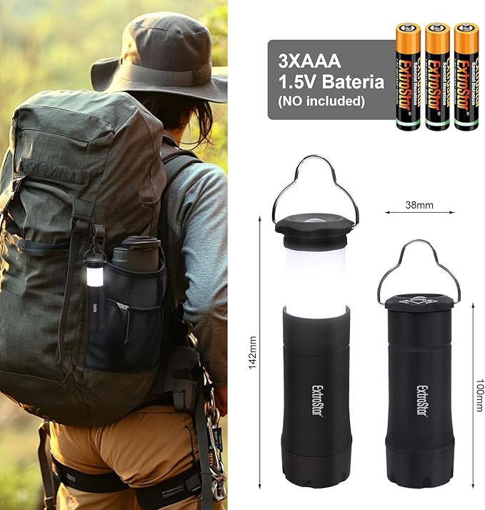 EXTRASTAR LED Camping Lanterns, 2-in-1 Battery Operated Flashlight, Zoomable Torch 3 Modes, Max 35 Lumens, IPX2 Water Resistant, Suitable for Hurricane, Emergency, Storm, Outages, 2 Pcs
