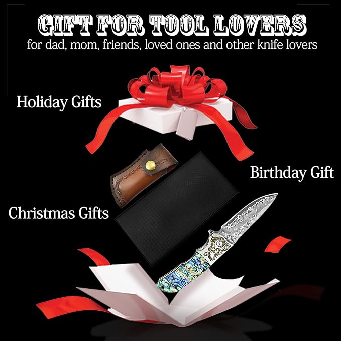 AUBEY EDC Damascus Pocket Knife with Leather Sheath, Abalone Shells Handle, Handmade Damascus Steel Folding Knives with Clip for Everyday Carry, Excellent Gifts for Men Women Hunting