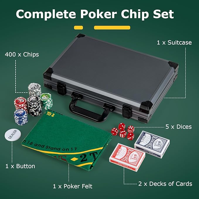 Goplus Poker Chip Set, Casino Poker Chips with 400 PCS Chips, 2 Decks Cards, Dealer Button, Poker Felt, Aluminum Case for Texas Holdem, Casino, Family Night, Blackjack