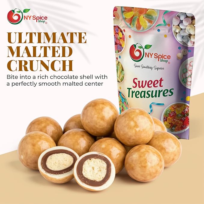 NY Spice Shop Ultimate Malted Chocolate Malt Balls Party Decorations - 8 Ounce Malted Milk Balls Candy Birthday Gifts - Chocolate Malted Milk Ball - Dark Chocolate Malt Ball Holiday Snacks
