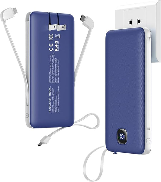 Portable Charger with Built-in Cables&AC Wall Plug,Slim 10000mAh 22.5W Fast Charging Power Bank,5 Output 2 Input USB-C External Battery Pack Compatible with iPhones,Samsung,Android, etc