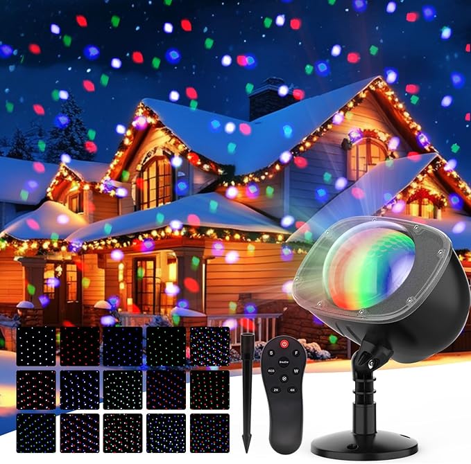 Elec3 Christmas Snow Projector Lights Outdoor, RGBW Snowfall Projector Lamp Rotating Falling Snow Projector with Remote Control Landscape Multicolor Lights for House Yard Garden Halloween Xmas Decor