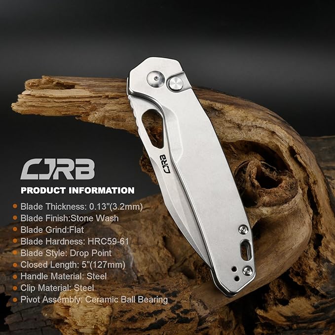 CJRB Frack Folding Pocket Knife, 3.9" AR-RPM9 Steel Blade PVD Coating Steel Handle EDC Knife, Button Lock Knife for Outdoor Camping Gift, Stonewash (J1931)