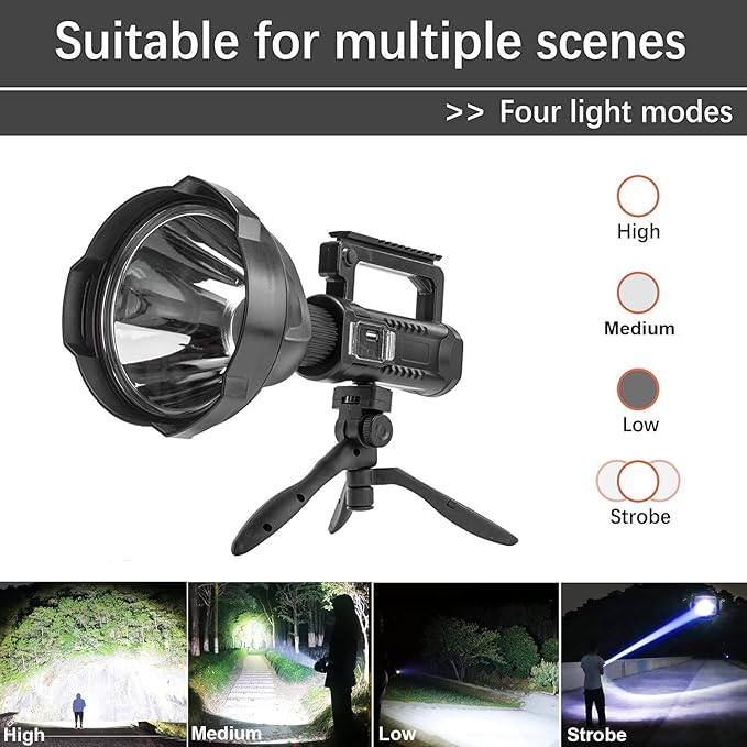 Rechargeable Spotlight Flashlight High Lumens, 3000 Lumens Super Bright Led Searchlight with Tripod and USB Output, IPX5 Waterproof 4 Modes Handheld Spotlight for Camping Hiking
