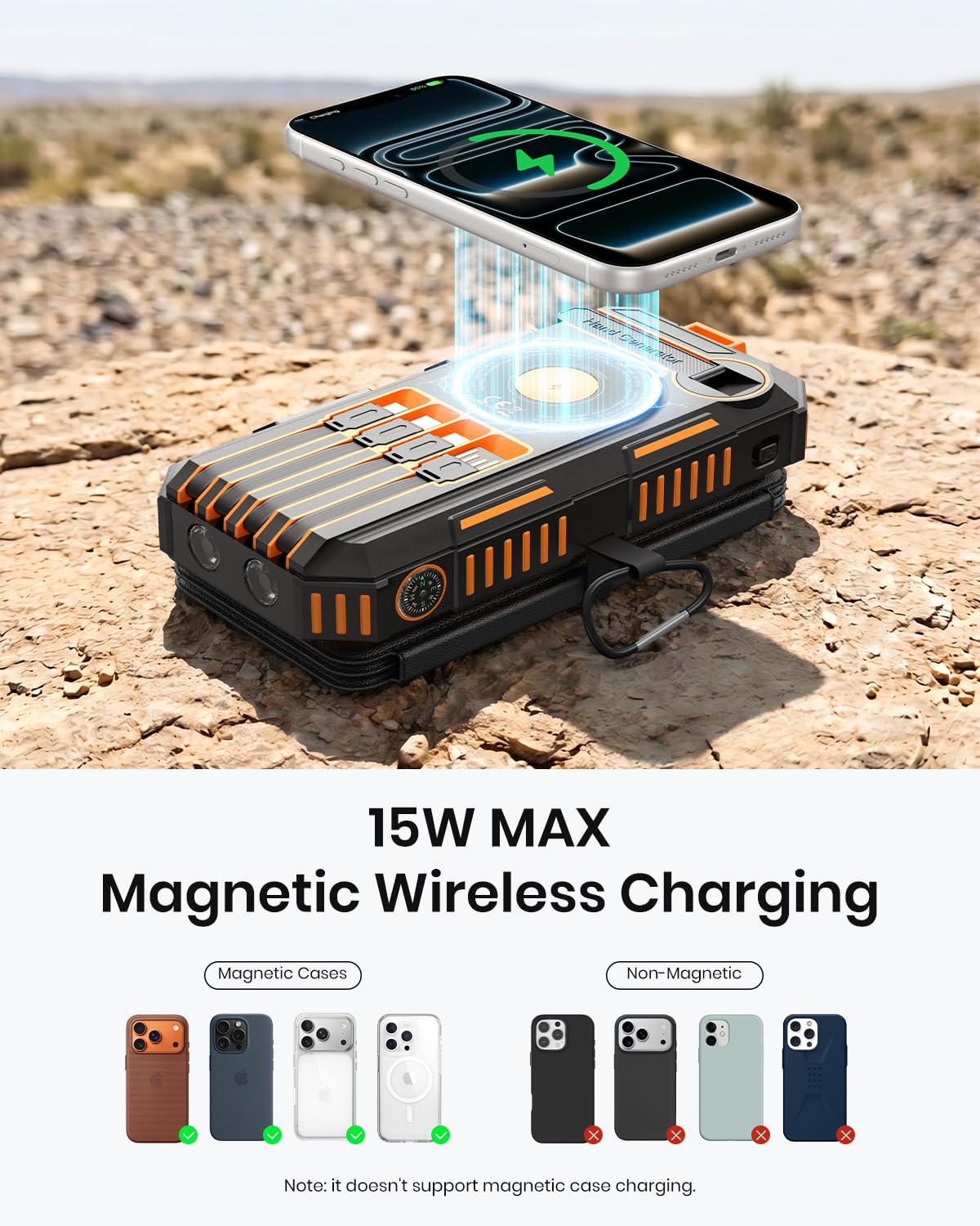 FEELLE Solar Power Bank 50000mAh Magnetic Portable Charger with Hand Crank