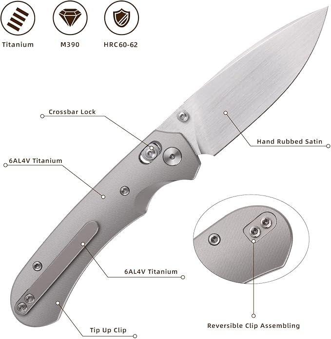 Folding Pocket Knife,3.31” M390 Blade,Erogonomic Titanium Handle,Hunting Survival Knife,EDC Knife for Hunting Camping Survival Outdoor Fishing Hiking（Grey）