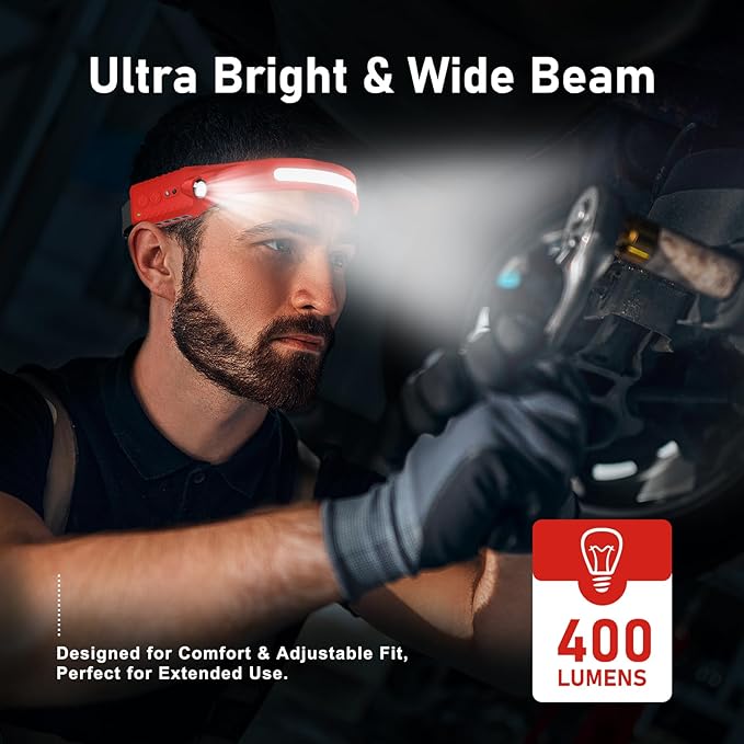 Rechargeable LED Headlamp (Red), 400 Lumens, 230° Wide Beam, USB-C, IPX4, 5 Modes ??Lightweight, Adjustable Headband; Hard Hat Clips for Camping, Hiking, Running & Repairs