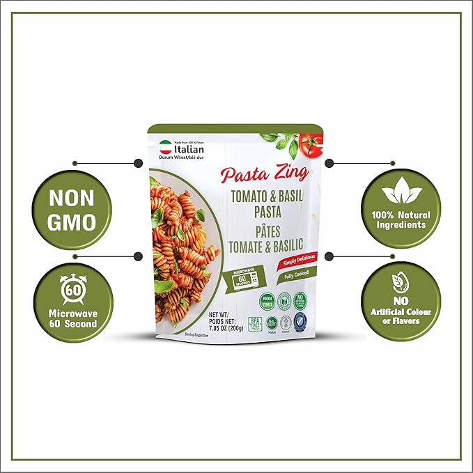 Pasta Zing Tomato & Basil Pasta, Pack of 7, 7.05 Ounce | Ready To Eat in 60 Sec | Made with 100% Italian Durum Wheat | Natural Ingredients | Classic & Flavorful | Easy Meal & Side Dish
