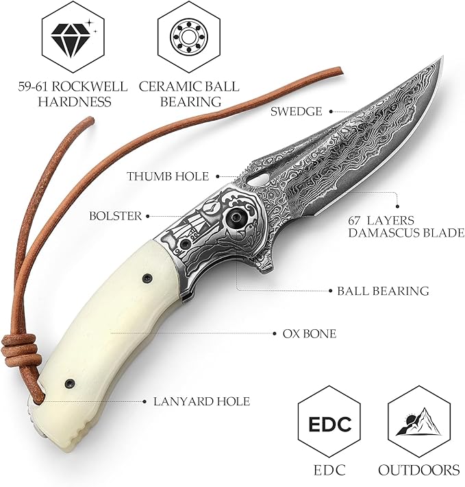 Pocket EDC Knife for Men, Folding Knife with Clipï¼?3.15" Damascus Steel Blade，OX Bone Handle, Leather Sheath for Camping Hiking knife，Puppis-02W