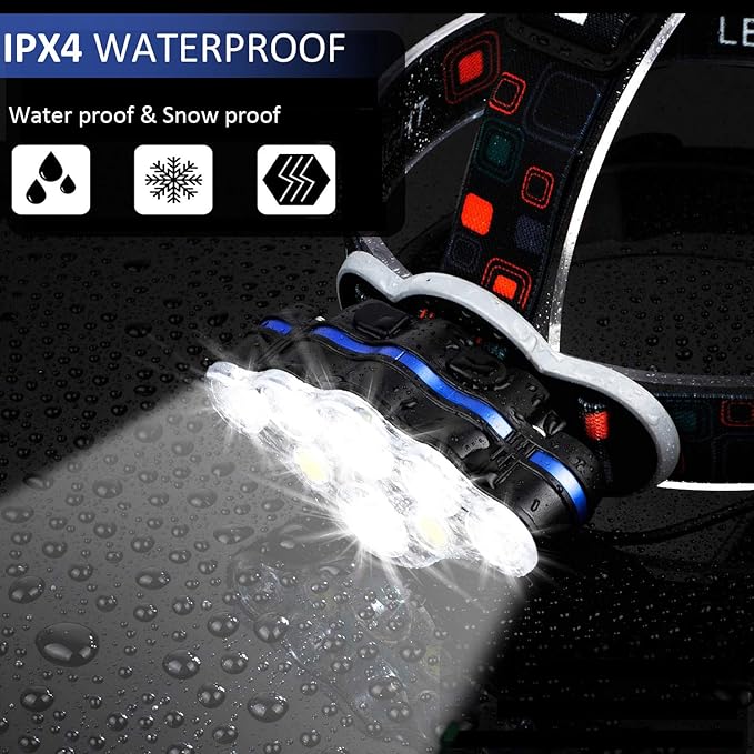 Rechargeable Headlamp, 8 LED 18000 Lumen Super Bright Waterproof Headlight with Red Lights, 8 Light Modes Head Lamp for Emergency Light Outdoors Fishing Hiking Camping Running (1, Black)