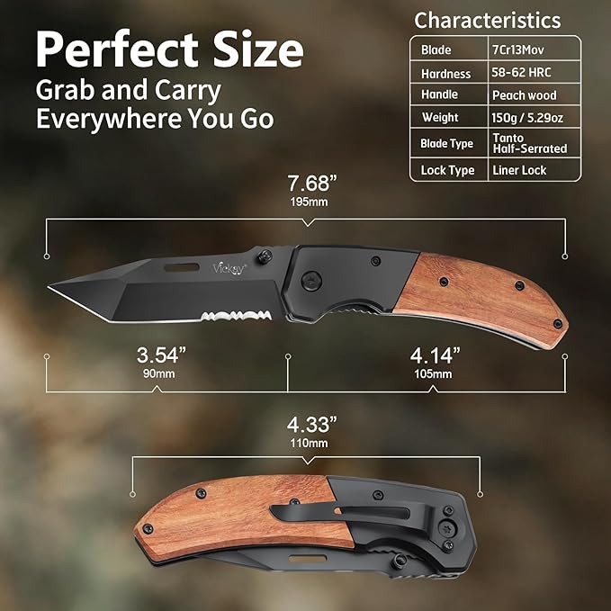 Vickay Pocket Knife, Folding Knife with Clip - 3.54??Black Serrated Steel Blade, Wood Handle EDC Knife for Men & Women, Outdoor Camping, Tactical, Hunting, Hiking, Survival - Father?™s Day Gift