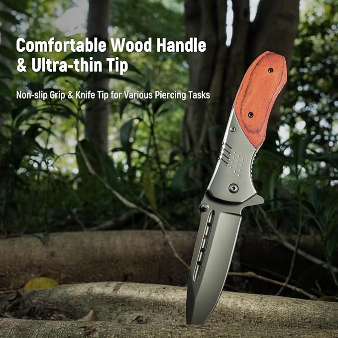 Pocket Knife for Men - Wood Handle Folding Pocket Knives with Clip, Glass Breaker - 3.46" Sharp Blade EDC Knife for Dad Tactical Hunting Survival Camping Fishing Hiking - Grey