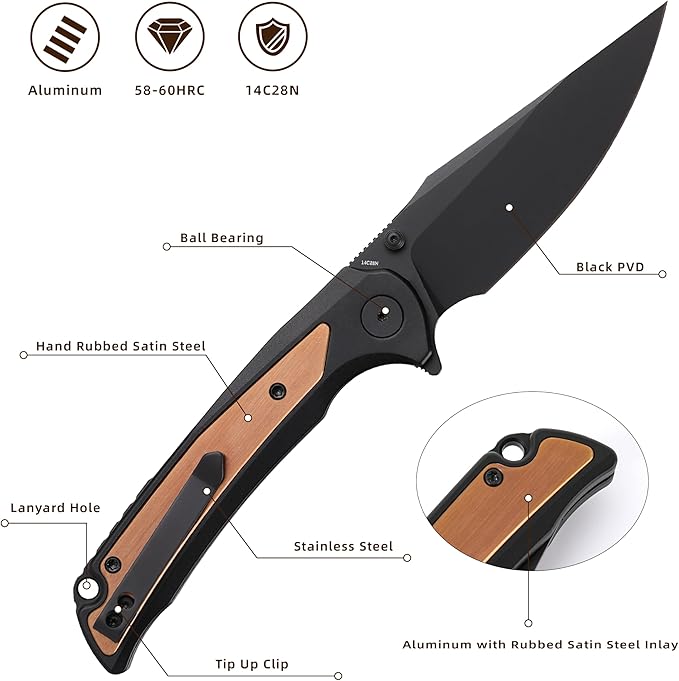 EDC Pocket Knife, 3.6" 14C28N Aluminium With Steel Inlay Handle, Folding Knife for Camping Hiking Hunting Outdoor