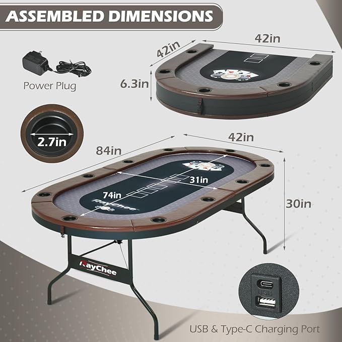 LED Poker Table, 84" 10 Player Foldable Texas Holdem Table w/Inlaid LED Light, 2 USB & 2 Type-c Ports, Portable Blackjac for Texas Card Game w/Cup Holders and Padded Rails (Brown)