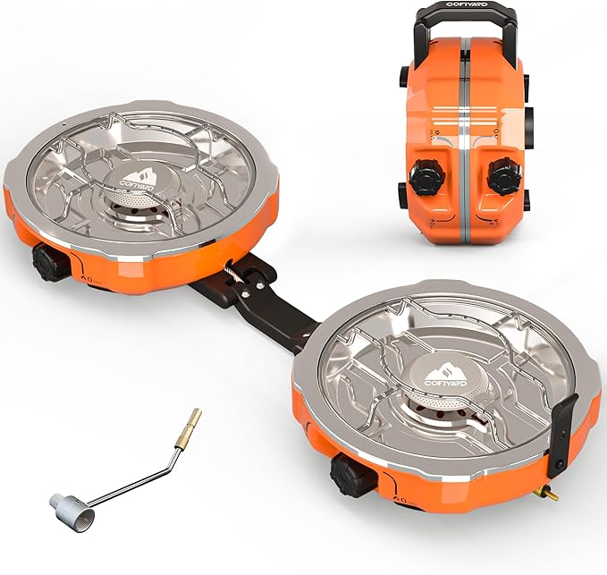 20,000 BTUs 2 Burner Propane Camping Stove, Portable Folding Camp Stove with Adjustable Burners, Regulator and Carrying Bag, Dual Gas Stoves Easy Carrying Handle for Tailgating, Camping, BBQ