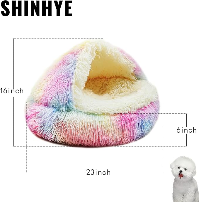 ShinHye Cat Bed Round Plush Fluffy Hooded Cat Bed Cave, Cozy for Indoor Cats or Small Dog beds, Soothing Pet Beds Doughnut Calm Anti-nxiety Dog Bed - Waterproof Bottom Washable (23×23inch, Multicolor)
