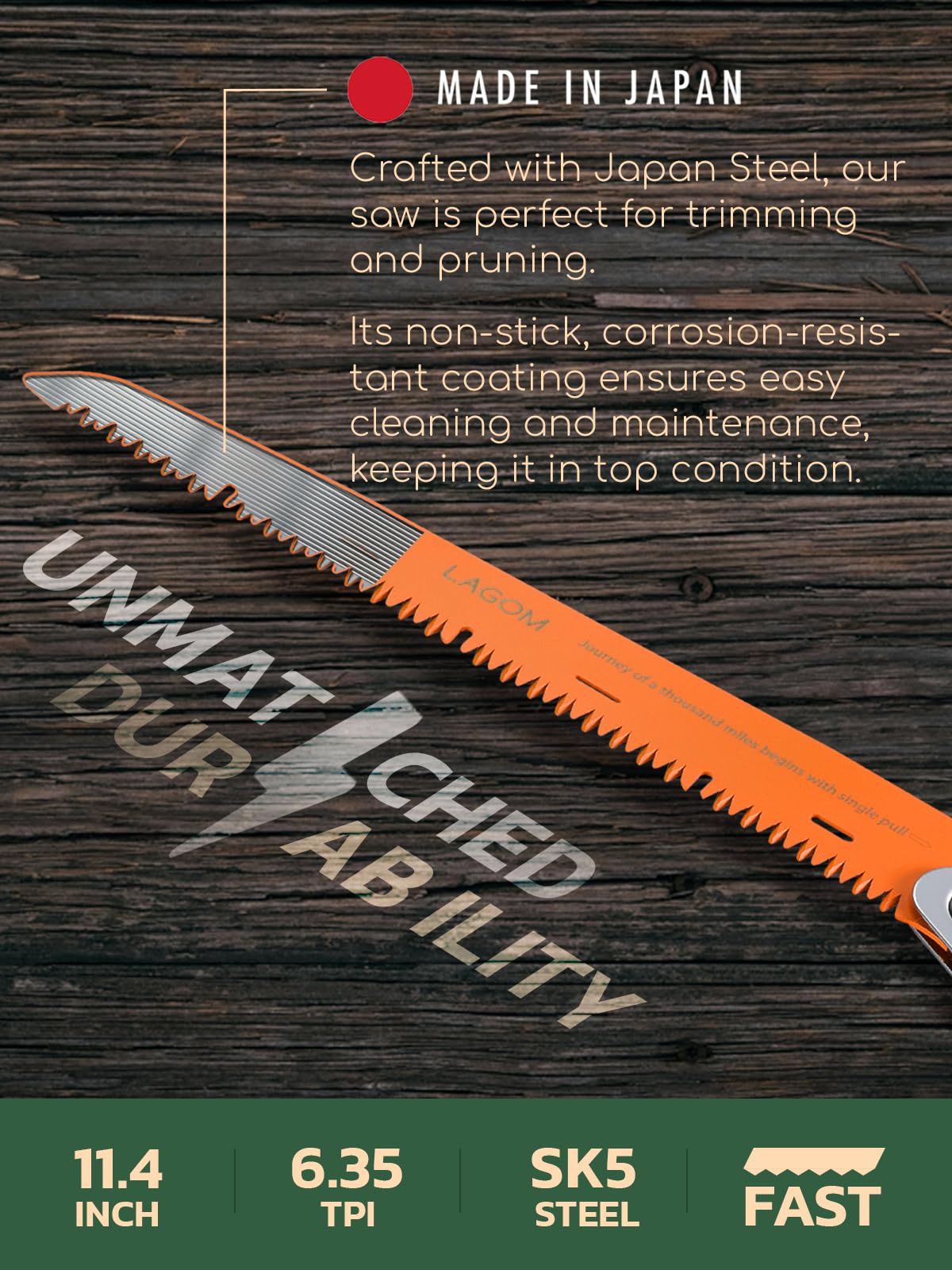 LAGOM Folding Camp Saw for Cutting Branches, 11.4" Straight Blade | SK5 Steel, Ergonomic Handle