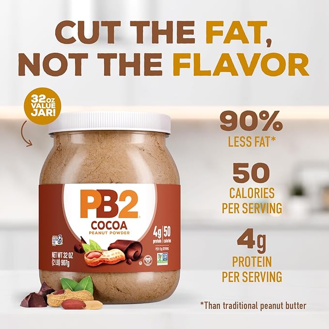 PB2 Powdered Chocolate Peanut Butter with Cocoa | 2lb Jar | 4g of Protein, 90% Less Fat, Certified Gluten Free, Only 50 Calories per Serving for Shakes, Smoothies, Low-Carb, Keto Diets