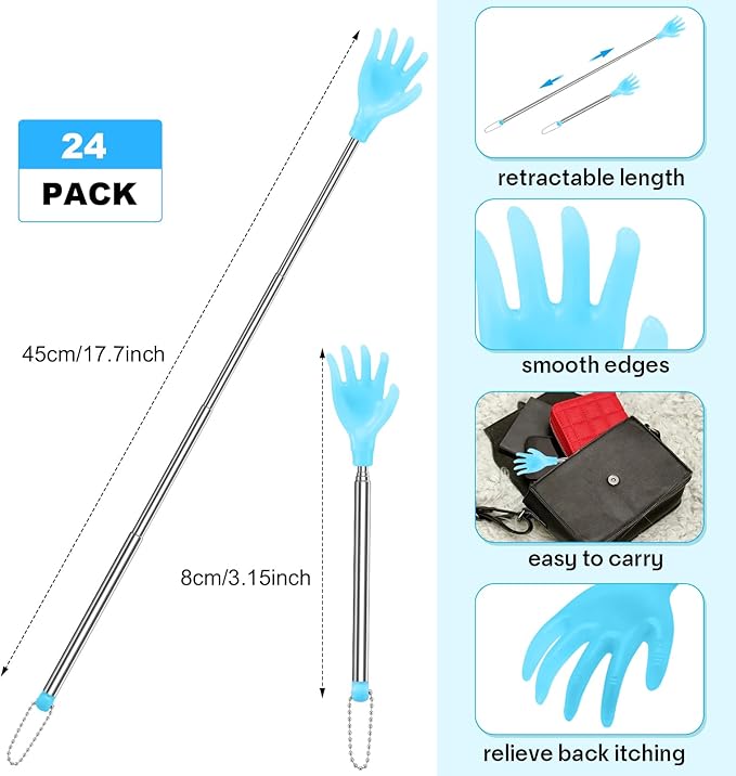 Tioncy 24 Pcs Extendable Back Scratcher Bulk Hand Shaped Retractable Scratcher Telescoping Massage Tool for Men Women Gifts Reducing Back Itching, Yellow and Blue