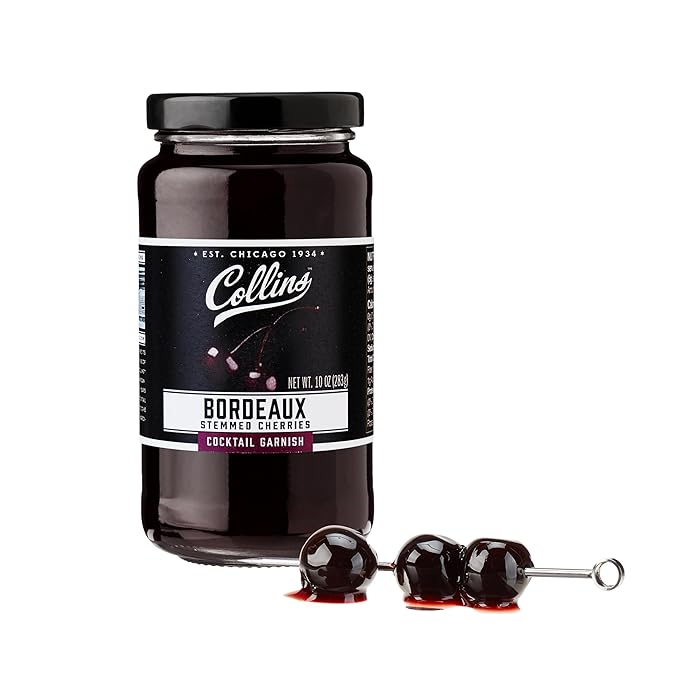Collins Stemmed Black Cherries for Cocktails, Old Fashioned, Manhattan, and Whiskey Sour, Cocktail Cherry in Bordeaux Syrup, Garnish for Mocktails, Party Drinks, Baking, Desserts, 10 oz