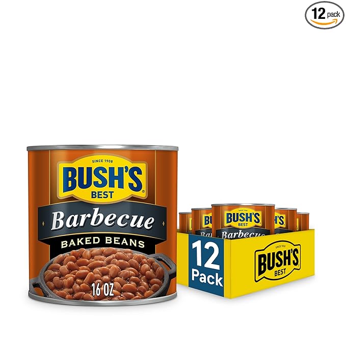 BUSH'S BEST 16 oz Canned Barbecue Baked Beans, Source of Plant Based Protein and Fiber, Low Fat, Gluten Free, (Pack of 12)