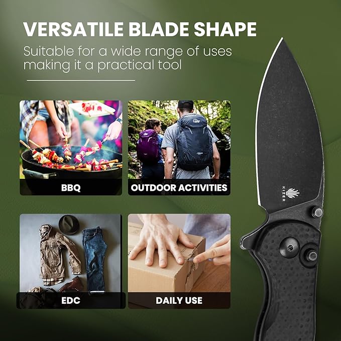 Kizer Mini Grouper Folding Pocket Knife, Nitro-V Steel Blade G10 Handle EDC Knife, Button Lock Knife with Pocket Clip for Men Women, Sharp Camping Hiking Survival Knives V3669A2