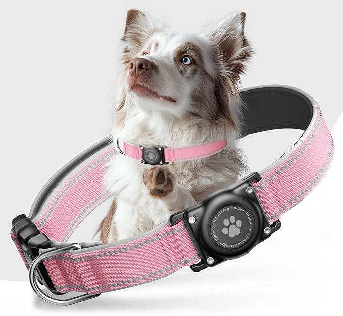 Airtag Dog Collar - 100% Waterproof AirTag Holder, Reflective, Soft Padded, Everlasting GPS Collar for Small to Large Dogs (Pink, L)
