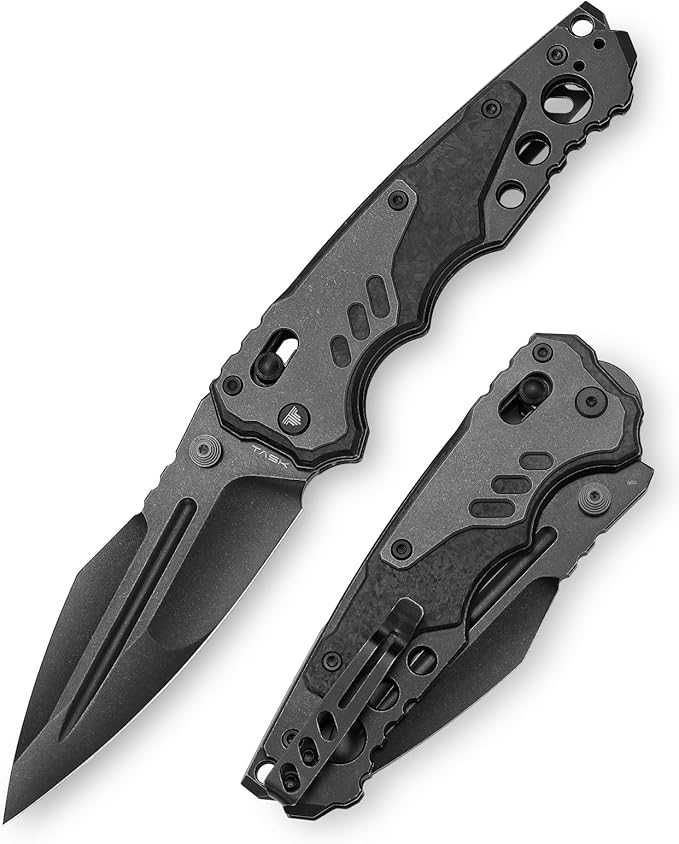 Intruder-05｜Folding Pocket Knife for Men，Heavy Camping EDC Knives with Clip ï¼?.29" PVD Blackwash 14C28N Steel Blade Axis Lock & Washerï¼?Thumb Stud，Ti & Carbon Fiber Handle