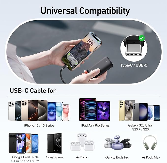 iWALK Mini Portable Charger 10,000mAh, 22.5W USB-C Fast Charging Power Bank with Built-in Cable, Travel Essential Ultra-Small Battery Pack Compatible for iPhone 17/16/16 Pro/15, Samsung, Google, Black