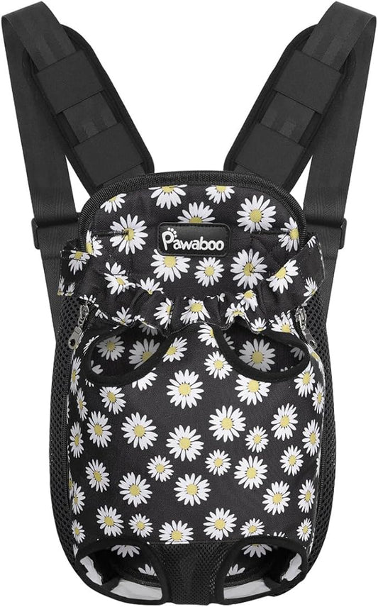 Pawaboo Pet Carrier Backpack, Adjustable Pet Front Cat Dog Carrier Backpack Travel Bag, Legs Out, Easy-Fit for Traveling Hiking Camping for Small Medium Dogs Cats Puppies, Small, Black Daisy