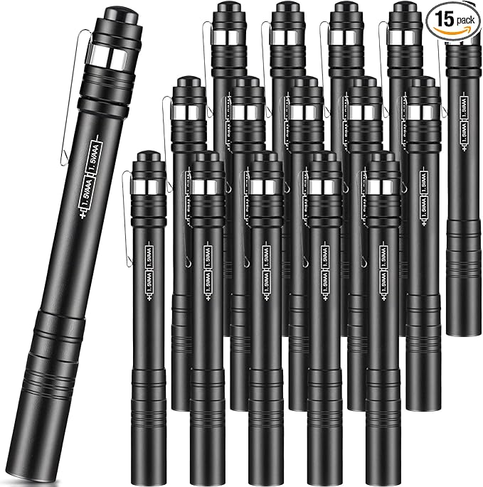 15 Pack Mini Pen Flashlights Bulk LED Pen Lights Aluminum Pocket Flashlights with Clips Small Handheld Torches Gifts for Camping Hiking Emergency Outdoor (Black)