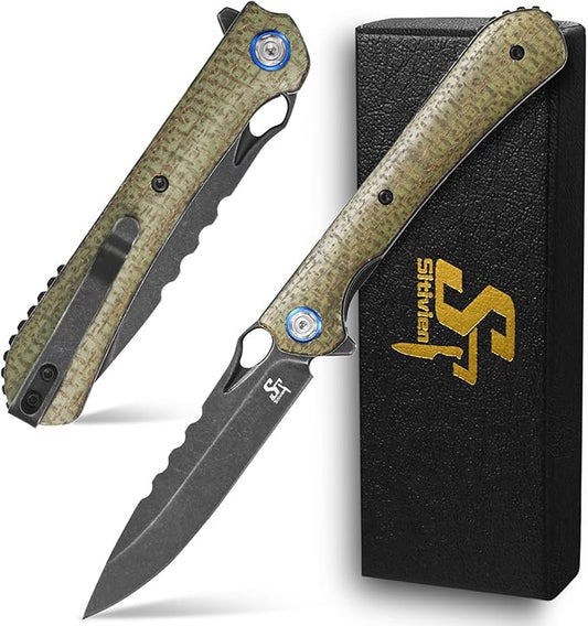 Sitivien ST145 Folding Pocket Knife,Black Stonewashed 14C28N Steel Blade,Micarta Handle EDC Tool Knife for Outdoor Survival,Camping,Hiking,Hunting(Green) …