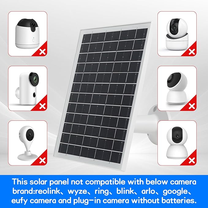 Solar Panel for Security Camera IP65 Waterproof USB Solar Panel Charger Type-C Port?�Micro USB Port＆DC Port Solar Sanels for Cameras with 9.8ft Charging Cable 6W Charging Power(1 Pack White)