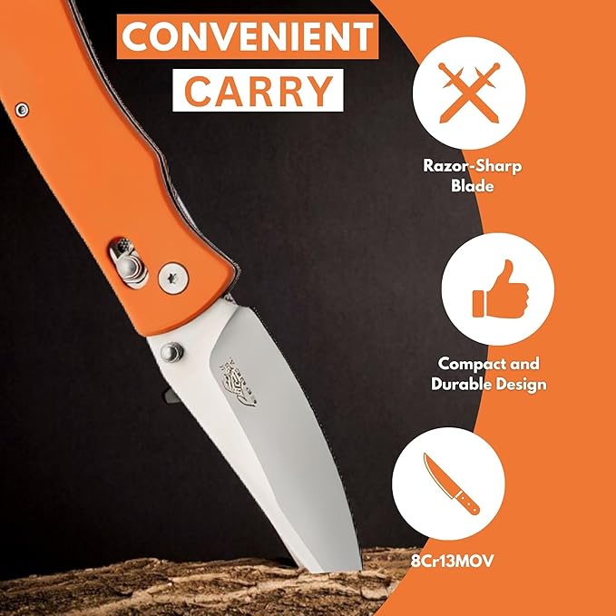 Rite Edge Premium 4.25" Moss G10 Rolling Lock (RLS) Folding Knife ??Stainless Steel Blade, Green G10 Handle, Belt Clip Tactical Survival Fishing Camping Knife - Orange