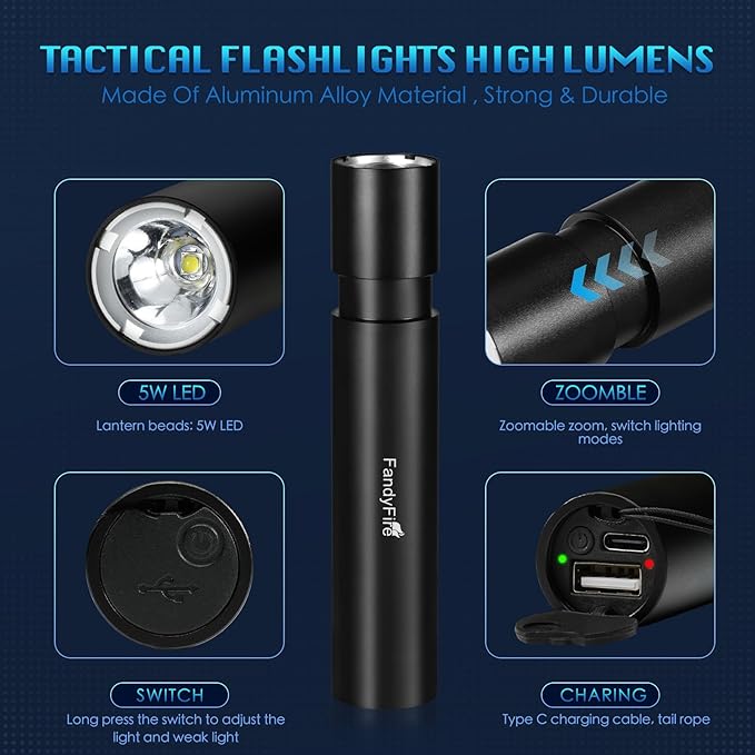 Tactical Flashlight with Holster Rechargeable - Super Bright Mini LED Flashlight,3 Modes Zoomable Waterproof EDC Flash Light for Home, Emergncies, Camping
