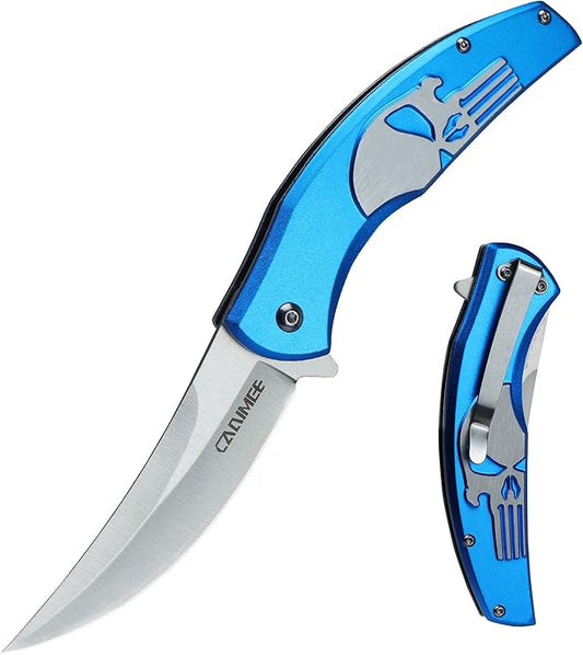 Tactical Folding Knife with upswept 440C High Carbon Stainless Steel Blade, Blue Aluminum Handle, with Deep Carry Pocket Clip, Outdoor EDC Knife for Camping, Hiking, Fishing