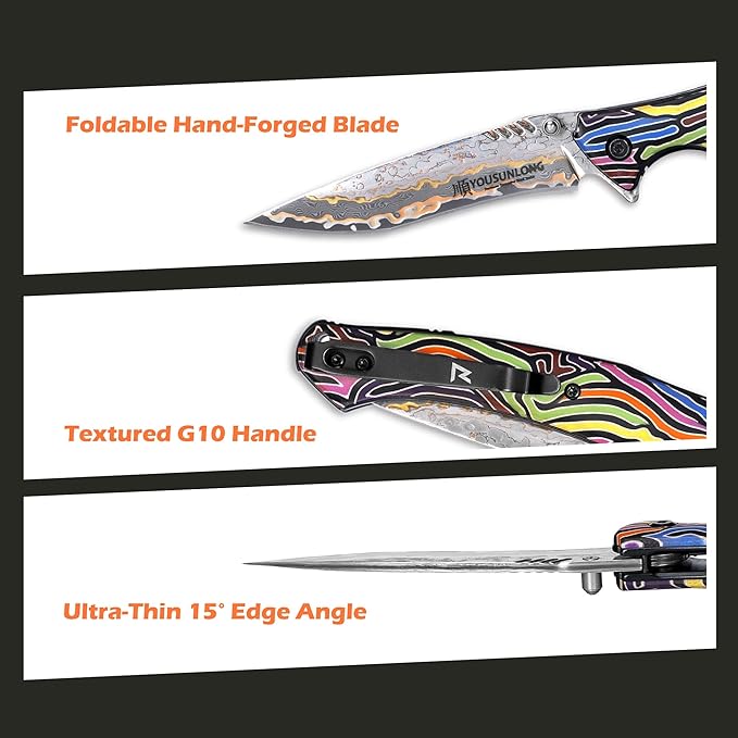 YOUSUNLONG Pocket Folding Camping Knife - CuMai Damascus Steel Blade - Multicolored G10 Handle Cover