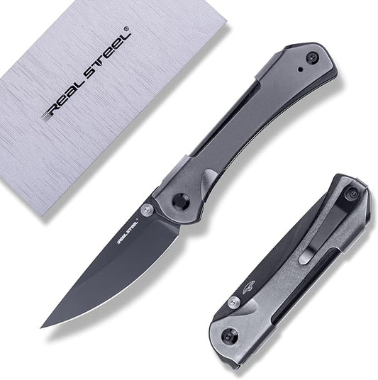 REALSTEEL SYLPH Folding Pocket Knife, Liner Lock, 3.07" Nitro-V Steel Black PVD Blade, Thumb Stud, Double Bending Steel Handle, 3.35oz, Deep-carry Pocket Clip, EDC Outdoor Indoor, Gifts for Men Women Camping Hiking Climbing (Gray Black)