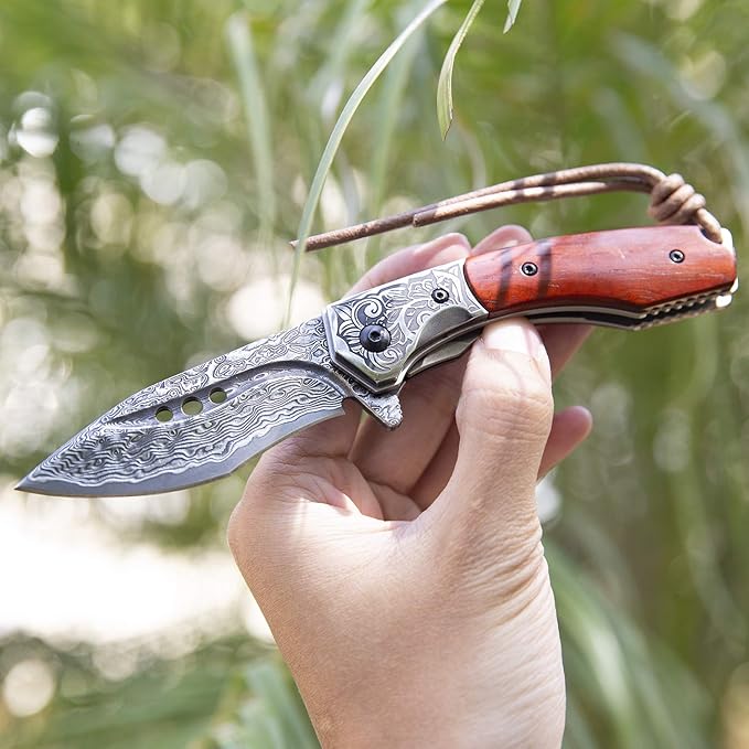 hand made damascus steel pocket knife, 3.1 inch outdoor folding knife, camping rosewood handle with leather case and inner lining