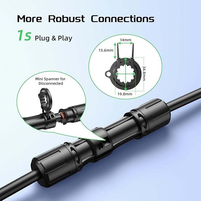 Bateria Power 30 Feet 8AWG Solar Panel Extension Cable, 10mm² Twin Wire Conductor Parallel Solar Wire Adapter Kit with Waterproof Female & Male Solar Connectors for RV, Marine, Photovoltaic Systems