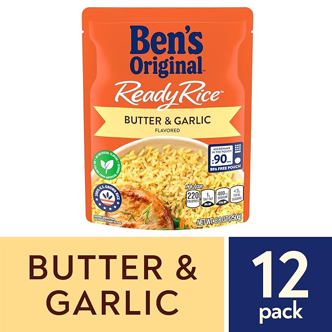 BEN'S ORIGINAL Ready Rice Butter and Garlic Flavored Rice, Easy Dinner Side, 8.8 oz Pouch (Pack of 12)