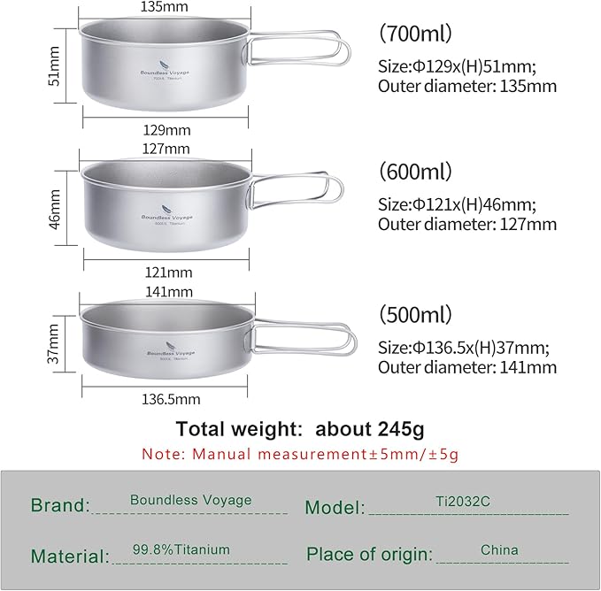 Boundless Voyage Titanium Pots Pans Set Camping Cookware 500ml 600ml 700ml Bowls Outdoor Portable Lightweight Stackable Cooking Kit with Folding Handle 3 Pieces Set Tableware for 1-3 Person Ti2032C
