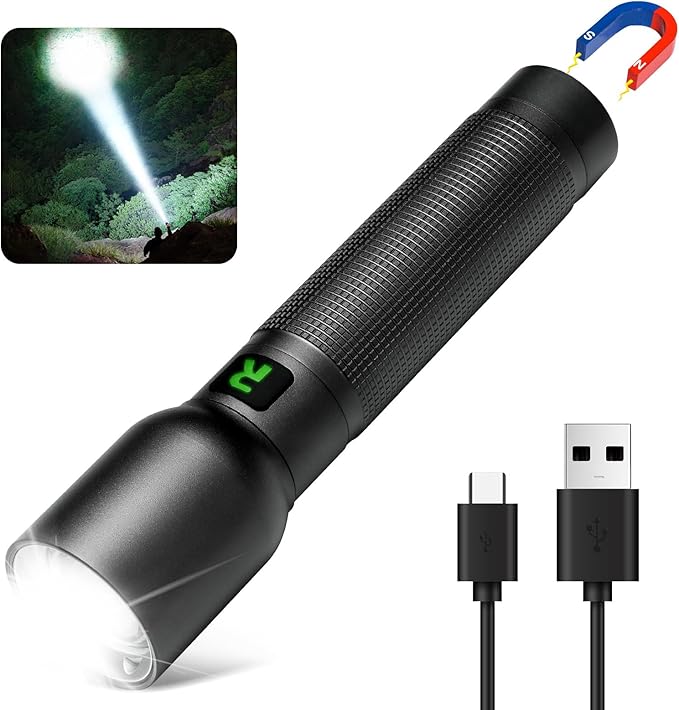 Rechargeable Flashlights High Lumens with Magnetic Base 10000 Lumen Bright LED Tactical Flashlight 3 Modes Zoomable Waterproof Compact Handheld Flash Light for Home Camping Outdoor Repairing