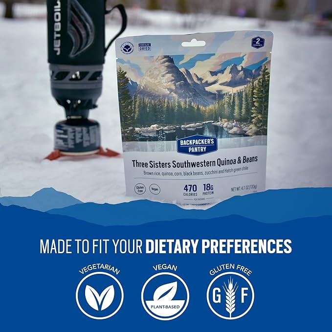 Backpacker's Pantry Three Sisters Quinoa and Beans, 2 Servings Per Pouch, Freeze Dried Food, 14 Grams of Protein, Gluten Free, Vegan