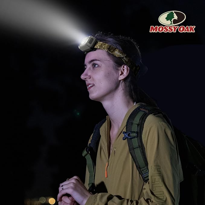 Mossy Oak 600 Lumens Rechargeable Headlamp, Lightweight LED Headlight with White & Red Light, Waterproof Head Lamp with Non-Slip Band, Dimmable & Memory Function for Camping, Running, Hiking, Outdoors